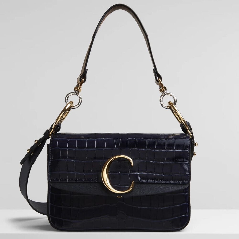 Chloé C crocodile-effect double carry shoulder bag in Profound Brown NEW